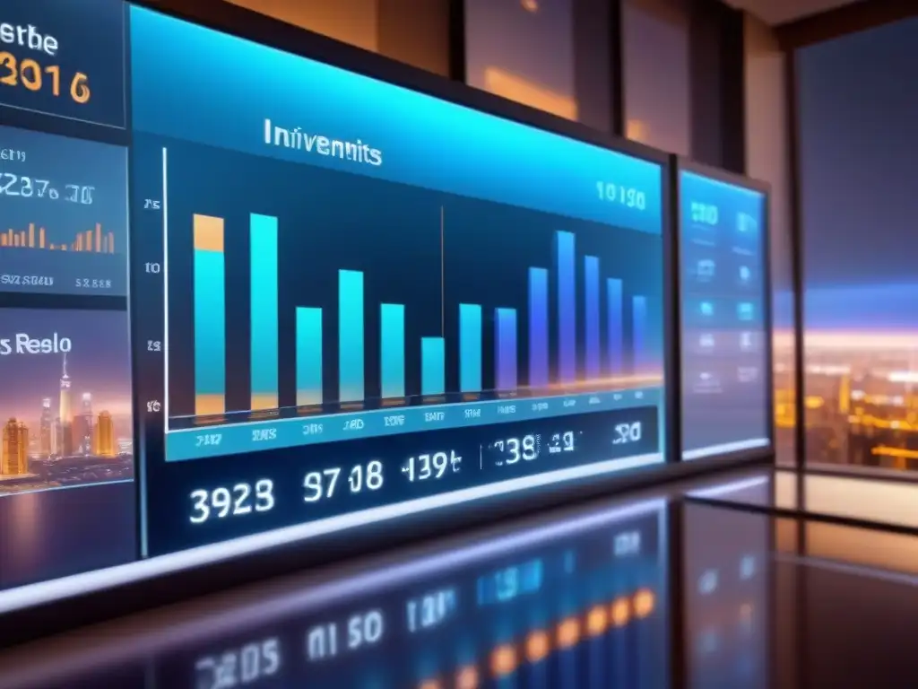 Tablero financiero futurista en pantalla transparente de alta tecnología Tablero financiero futurista en pantalla transparente con gráficos de cambio de divisas y noticias, reflejando rascacielos