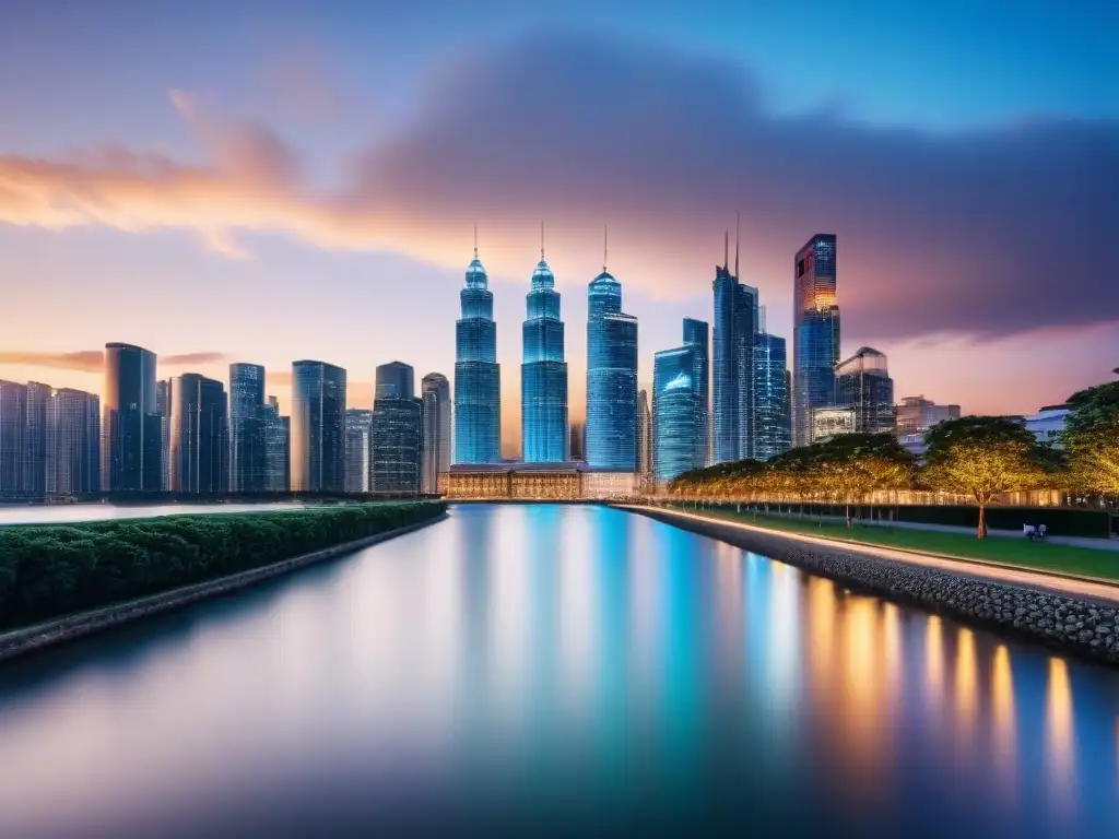 Horizonte urbano moderno: luces al atardecer Tasas de interés ocultas en inversión inmobiliaria: Imponente skyline urbano iluminado al anochecer, reflejado en un río sereno