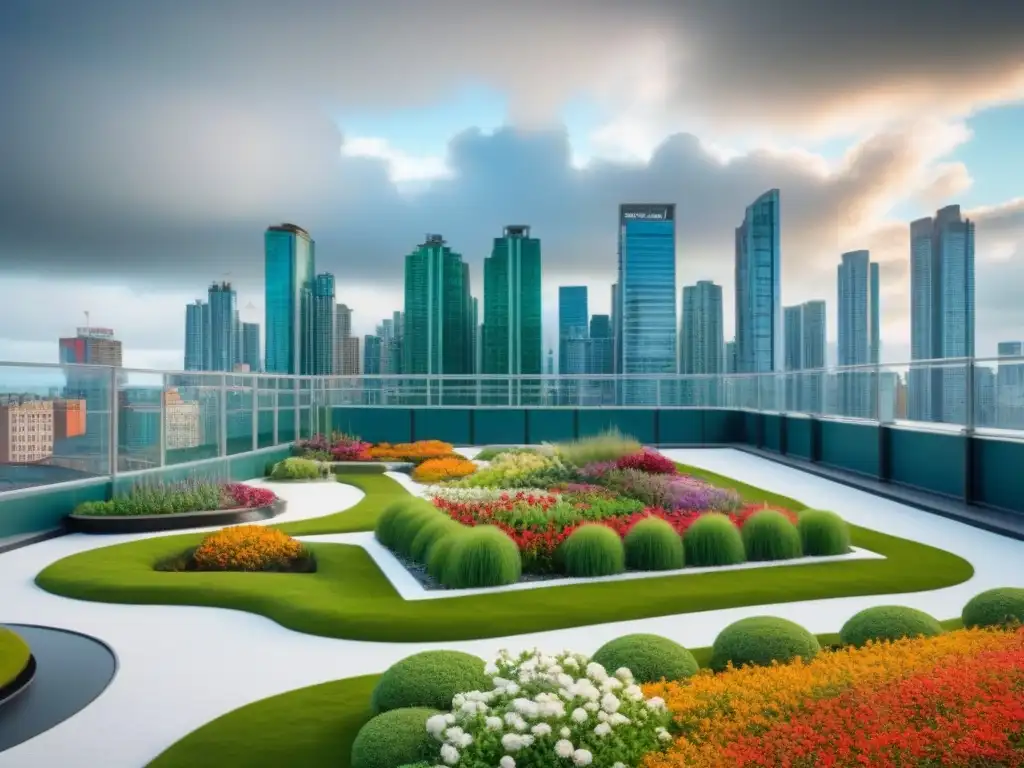 Jardines en azoteas: un mundo verde detallado Un jardín en un techo verde con flores vibrantes y edificios de diferentes estilos alrededor