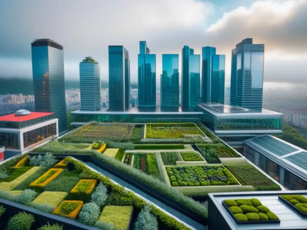 Horizonte urbano verde: modernidad y naturaleza en armonía Techos verdes para inversores internacionales: ciudad moderna con rascacielos y jardines en azoteas
