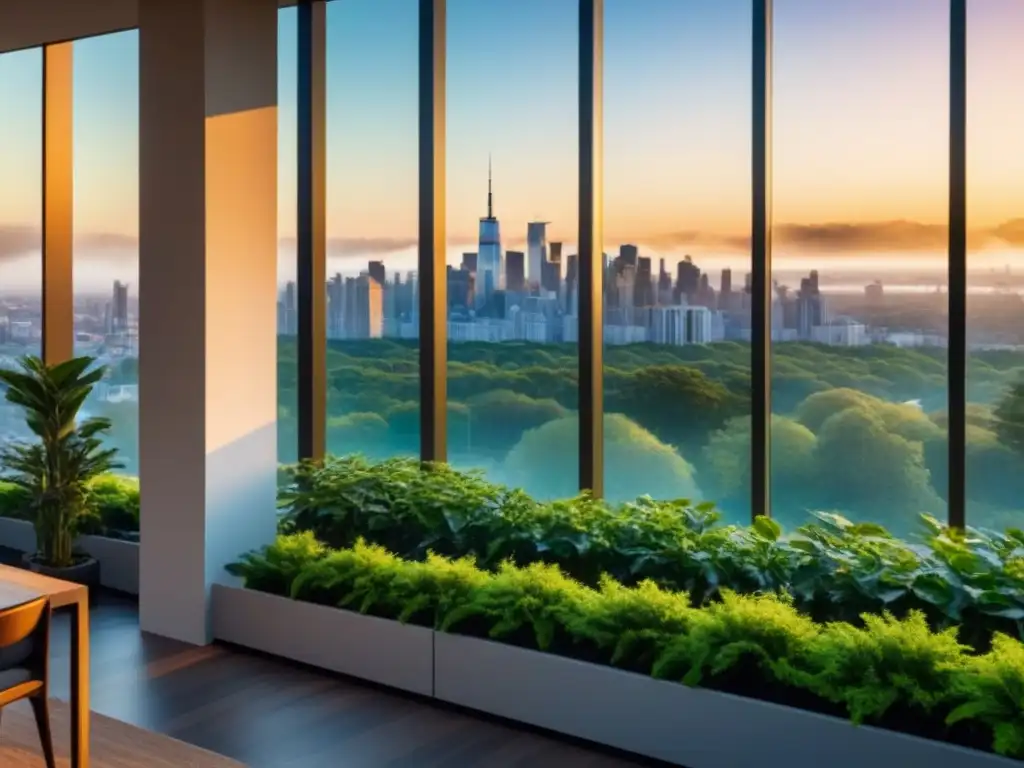 Edificio de lujo en la ciudad: arquitectura moderna entre la naturaleza Tecnología Blockchain en inversión inmobiliaria: Edificio de lujo con arquitectura moderna, rodeado de vegetación y ciudad vibrante al atardecer