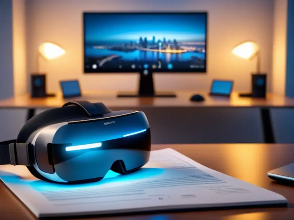 Inmersión tecnológica en bienes raíces de lujo Inversión tecnología realidad virtual inmobiliaria: Escena futurista con auriculares VR en oficina moderna