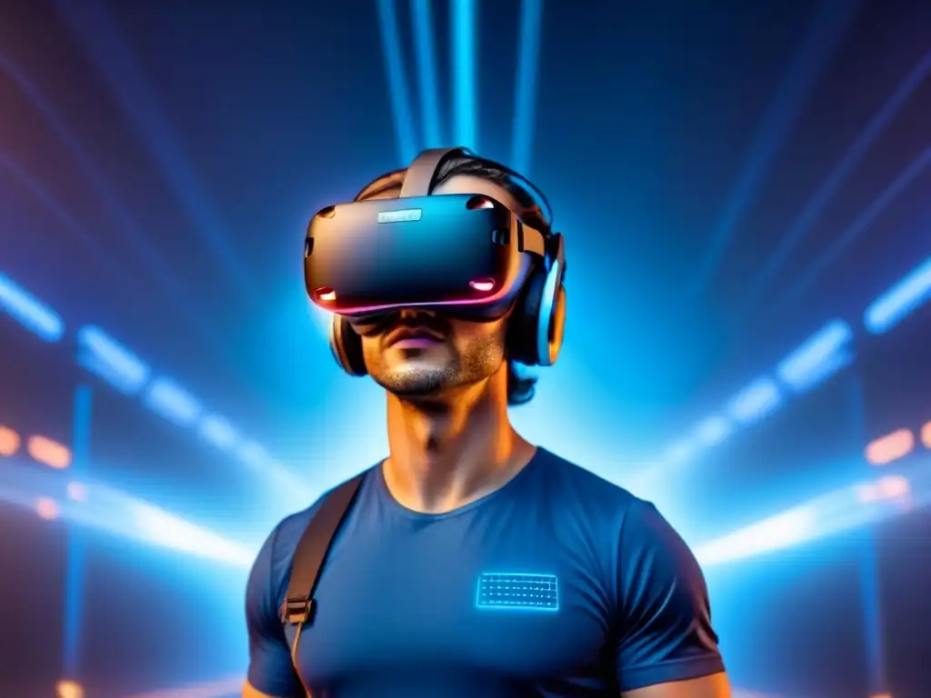 Headset de realidad virtual futurista en entorno digital Inversión tecnología realidad virtual inmobiliaria: Un headset futurista rodeado de datos y entornos virtuales, iluminado en azul