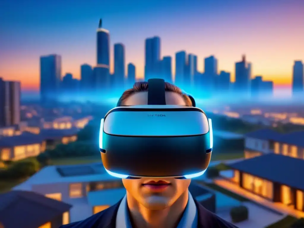 Realidad virtual inmersiva en paisaje futurista de lujo Inversión tecnología realidad virtual inmobiliaria: Vista futurista de un casco VR rodeado de propiedades lujosas en un paisaje digital