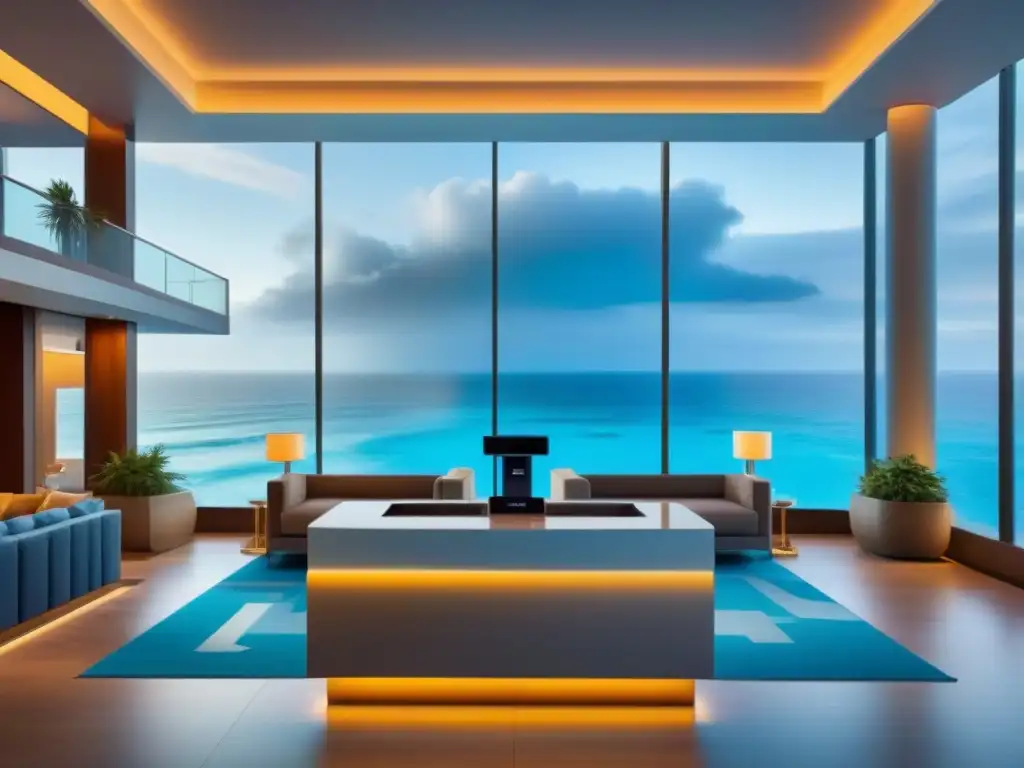 Recepción de lujo con tecnología VR y AR en resort de lujo Tecnología en resorts de lujo: Lobby moderno con realidad virtual y aumentada, elegantes headsets y mapas holográficos
