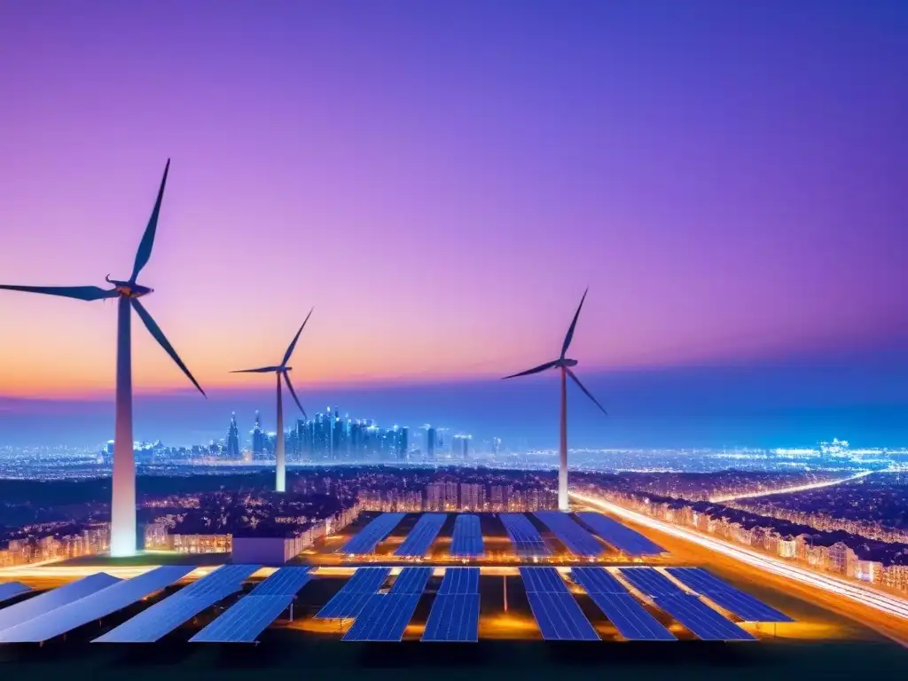 Metrópolis ecológica: tecnología y sostenibilidad urbana al atardecer Tecnología verde en valoración inmobiliaria: Ciudad futurista con edificios ecológicos iluminados al anochecer