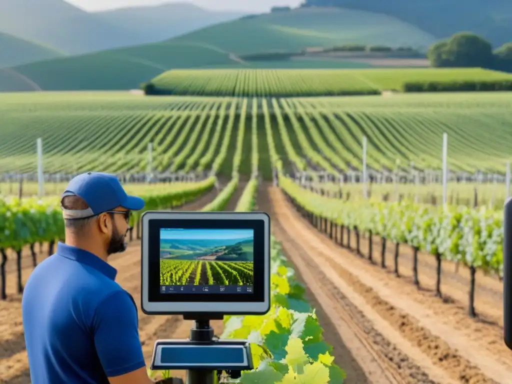 Vanguardia en viñedos: tecnología de gestión agrícola de última generación Inversión tecnológica en bodegas internacionales: avanzado sistema de gestión de viñedos en acción, con sala de control futurista y drones agrícolas