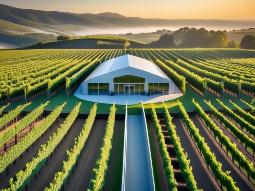 Innovación y tradición: viñedo tecnológico en armonía Inversión tecnológica en bodegas internacionales: Bodega de vanguardia entre viñedos exuberantes, trabajadores con equipamiento tecnológico
