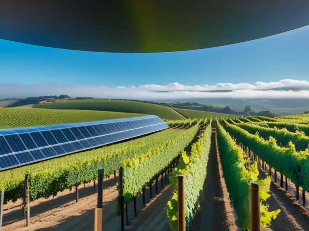 Vanguardia enológica: bodega futurista entre viñedos Inversión tecnológica en bodegas internacionales: Una bodega futurista se funde con viñedos elegantes bajo un cielo azul