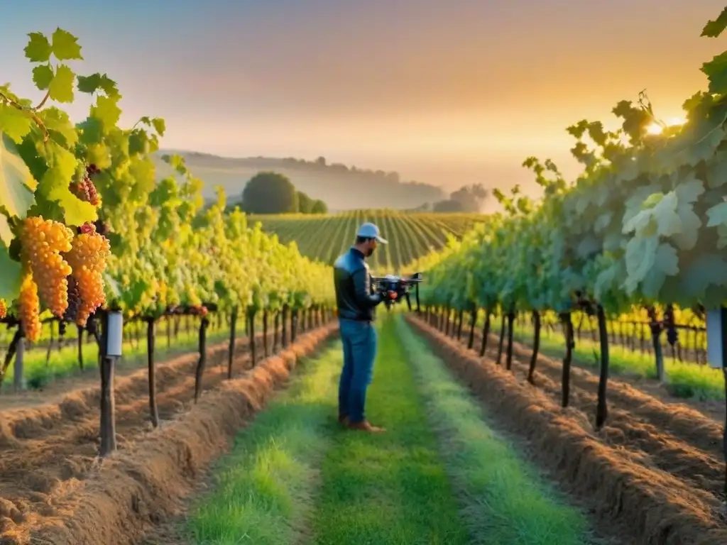 Avanzado sistema de viñedos: drones y tecnología en acción Inversión tecnológica en bodegas internacionales: Dron y trabajadores modernos monitorean viñedos al atardecer