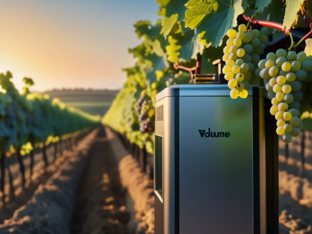Revolución tecnológica: cosechadora robótica de uvas en viñedo al amanecer Inversión tecnológica en bodegas internacionales: Moderna cosechadora de uvas en acción en un viñedo al amanecer