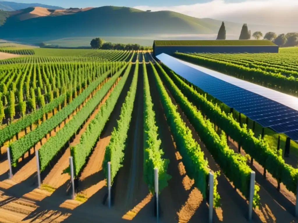 Viñedo futurista con tecnología de punta y tradición vinícola Inversión tecnológica en bodegas internacionales: Viñedo de vanguardia con drones vigilantes y sistema de riego avanzado