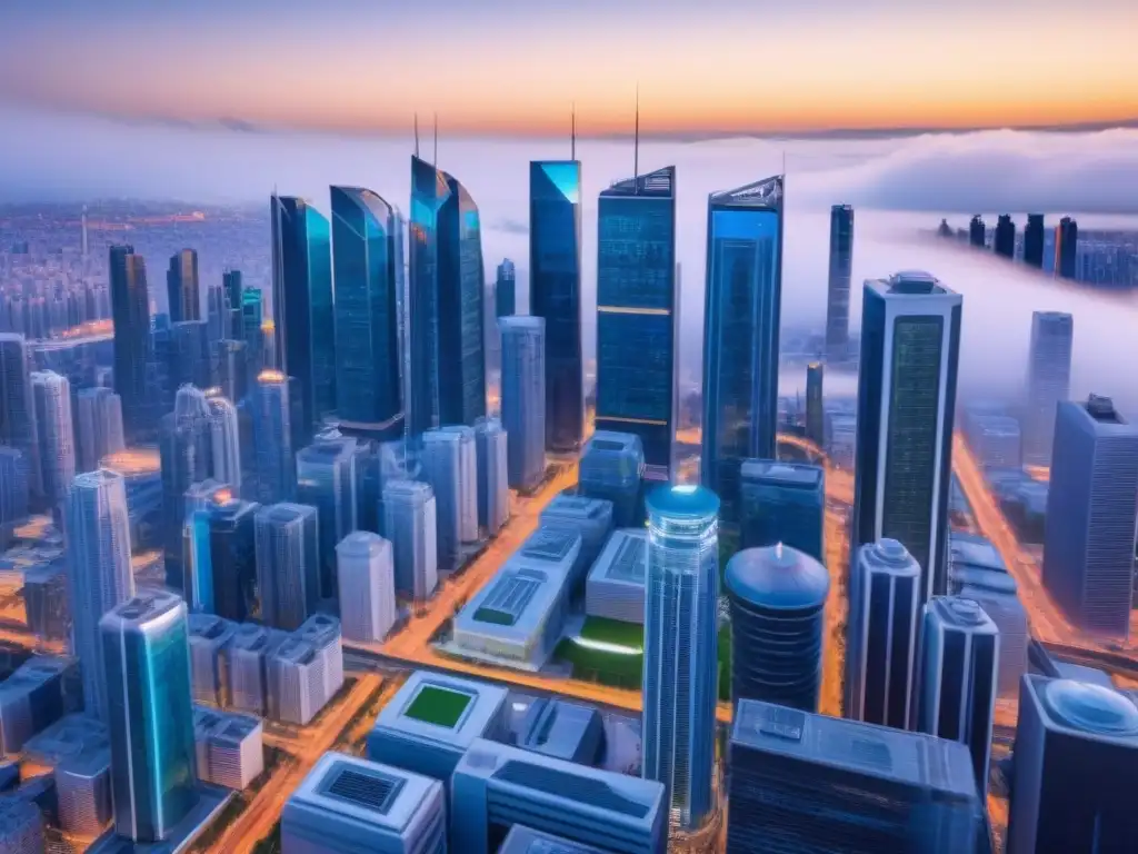 Metrópolis futurista: tecnología avanzada y arquitectura sostenible en 8k Inversión tecnológica inmobiliaria para principiantes: Ciudad futurista con rascacielos, tecnología avanzada y diseño sostenible