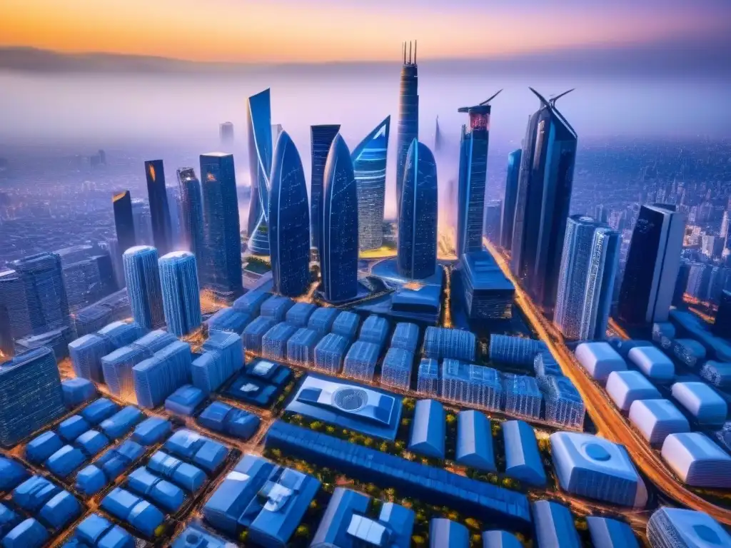 Innovación tecnológica en la ciudad del futuro: real estate avanzado Inversión tecnológica inmobiliaria para principiantes: Ciudad futurista con edificios de alta tecnología y autos autónomos