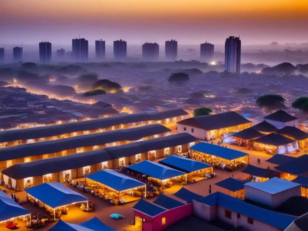 Vibrante metrópolis africana: fusión de modernidad y tradición Transformación tecnológica mercado inmobiliario África: Contraste entre modernidad y tradición en bulliciosa ciudad africana al atardecer