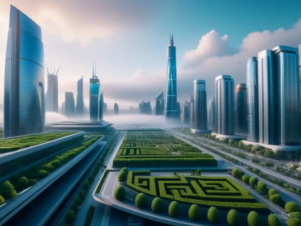 Metrópolis futurista: skyline innovador en 8k Innovación tecnológica en el sector inmobiliario: ciudad futurista con rascacielos, hologramas y autos autónomos