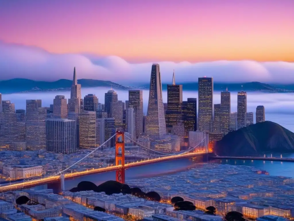 Espléndido atardecer en San Francisco: skyline y luces de la ciudad La transformación tecnológica en San Francisco se refleja en el skyline al atardecer