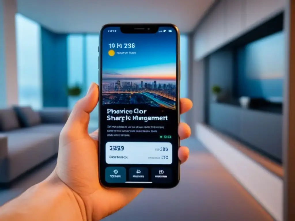 Smartphone futurista con app de gestión inmobiliaria avanzada Teléfono futurista con la app de gestión de propiedades inteligentes