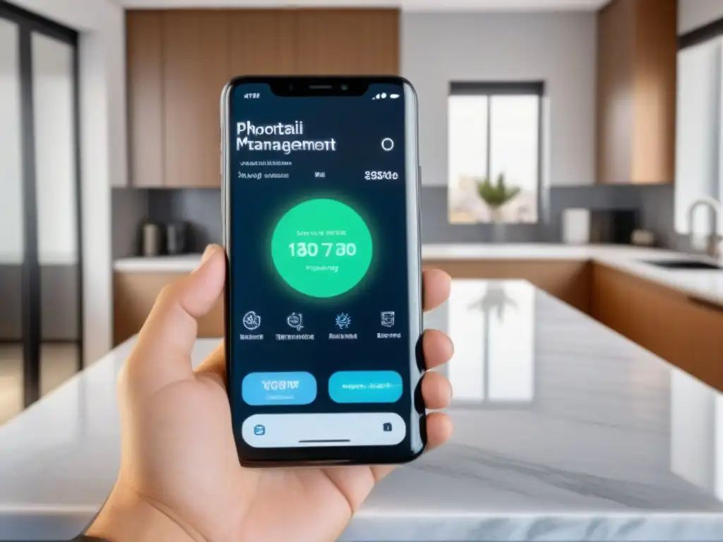 Smartphone futurista con app de gestión de propiedades en mármol Teléfono inteligente futurista con aplicación de gestión de propiedades en pantalla, rodeado de dispositivos domésticos inteligentes