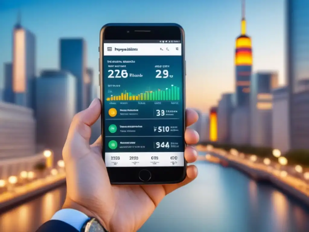 Aplicación de gestión inmobiliaria: smartphone moderno en ciudad futurista Un teléfono inteligente moderno muestra una app para gestionar propiedades inteligentes