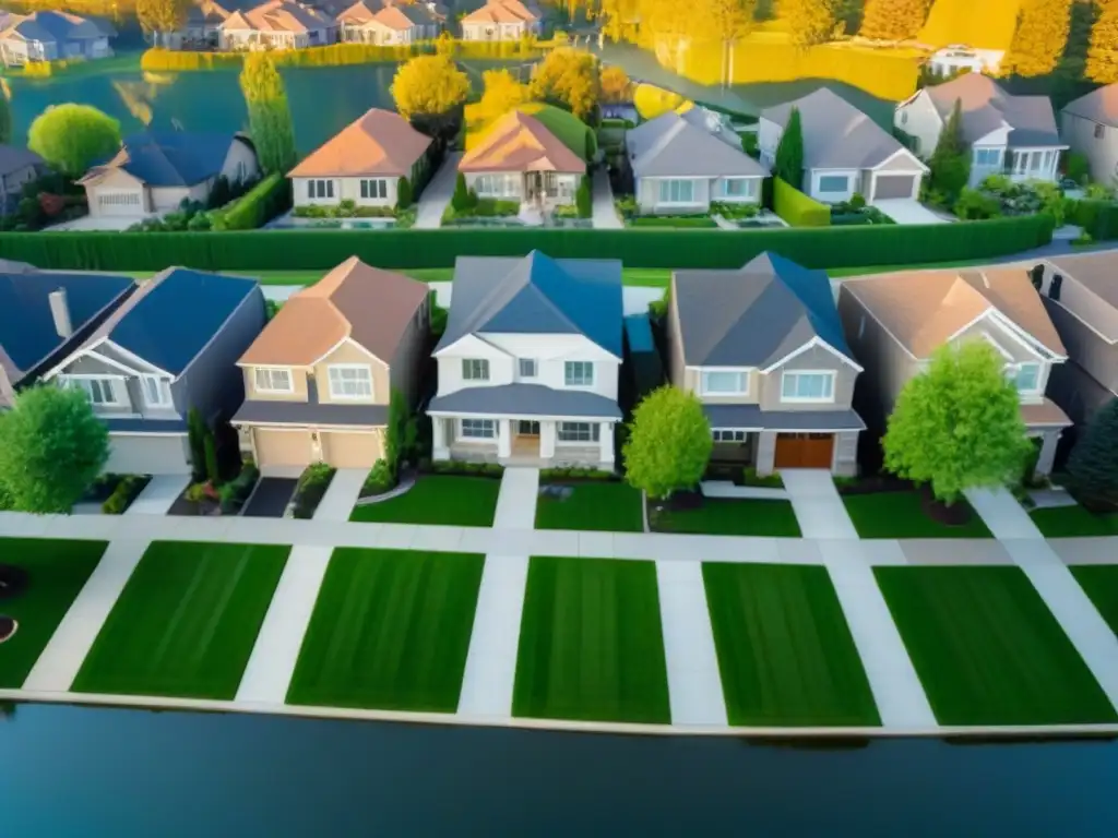 Vecindario de lujo: casas, parques y lago al atardecer Tendencia de mudarse a un lujoso suburbio en el mercado inmobiliario