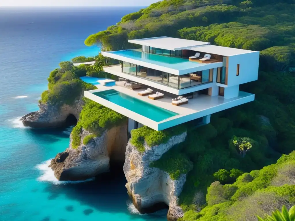 Villa de lujo con vista al mar y piscina infinita Tendencias en diseño de villas vacacionales de lujo: moderna y lujosa villa con vistas al mar turquesa desde un acantilado al atardecer