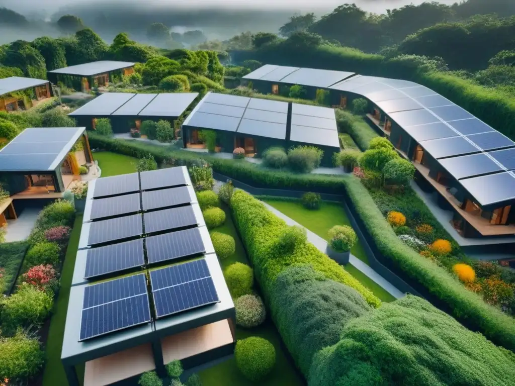 Comunidad eco-sostenible: arquitectura moderna en armonía con la naturaleza Tendencias cohousing mercado inmobiliario: Comunidad futurista con arquitectura moderna, áreas verdes y actividades comunitarias al aire libre