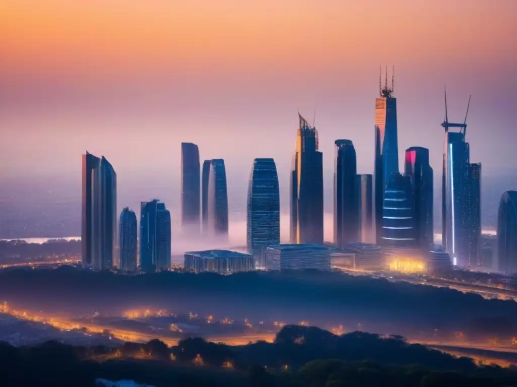 Horizonte futurista: metrópolis innovadora al atardecer Tendencias del mercado inmobiliario: Ciudad futurista con rascacielos innovadores iluminados al atardecer
