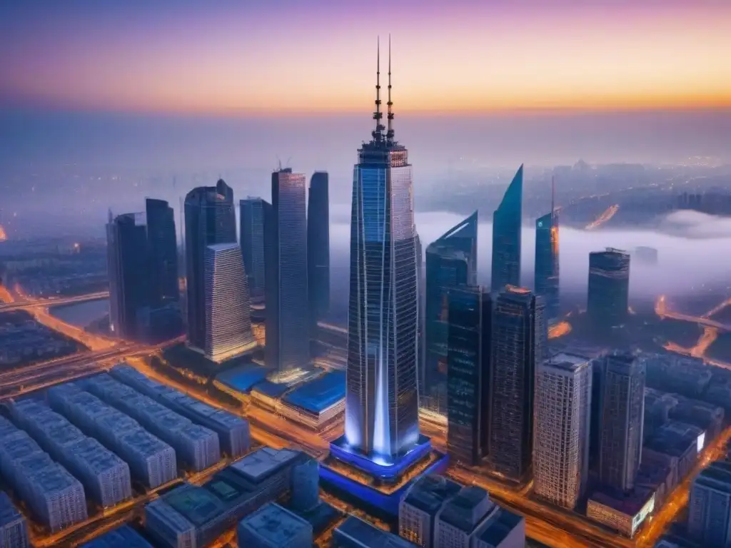 Esplendor urbano: lujo moderno en atardecer citadino Tendencias mercado inmobiliario lujo: majestuoso rascacielos moderno en ciudad al anochecer, reflejando la luz del atardecer