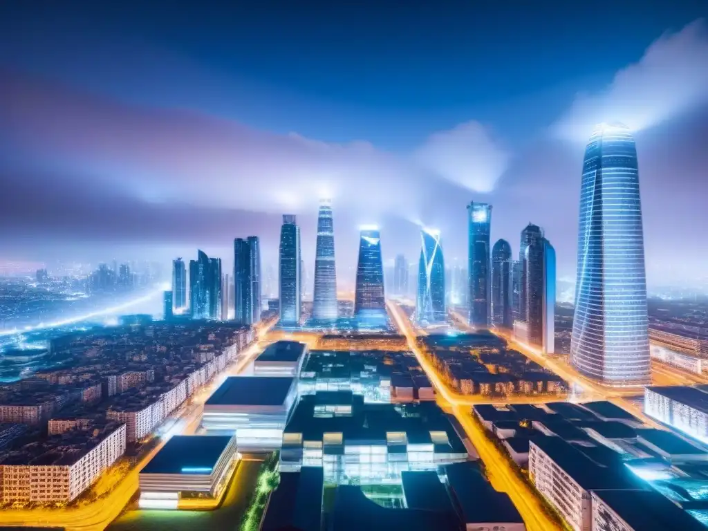 Metrópolis futurista: tecnología y sostenibilidad en la evolución inmobiliaria internacional Tendencias PropTech mercado inmobiliario internacional: Vista nocturna futurista de una ciudad con rascacielos iluminados y tecnología avanzada