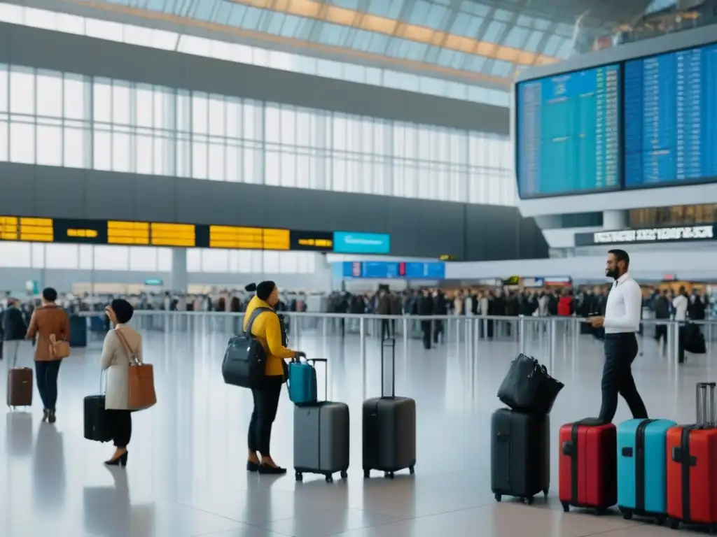 Aeropuerto internacional bullicioso: diversidad y viajes globales Terminal de aeropuerto internacional con viajeros diversos, maletas y tableros de salidas