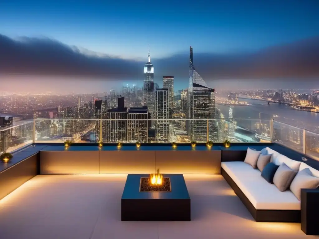 Terraza de lujo con vista nocturna de la ciudad Terraza de penthouse de lujo en ciudad nocturna, diseño moderno con panorámica exclusiva