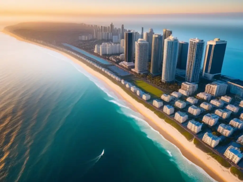 Horizonte costero al atardecer: luces y sombras en la ciudad moderna Inversión en terrenos sin desarrollar: Ciudad costera al atardecer, con altos edificios modernos y el océano brillante