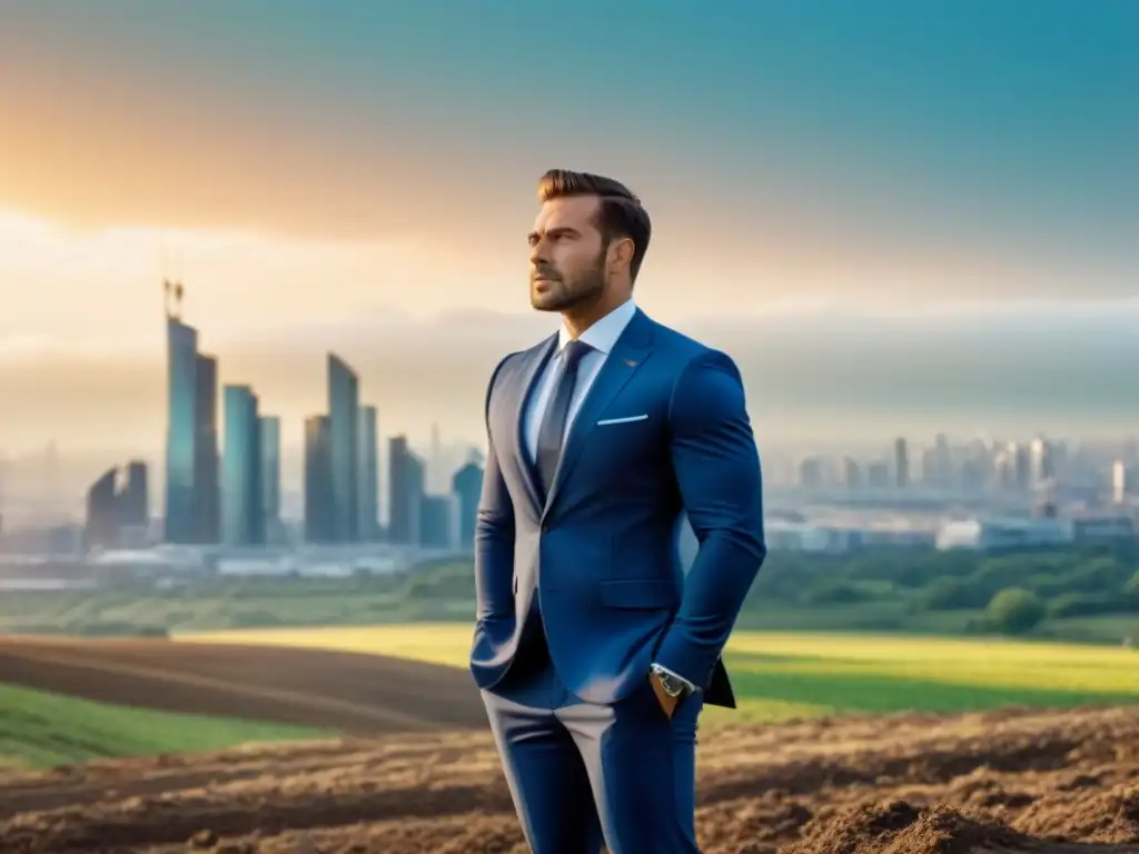 Inversionista inmobiliario exitoso ante el horizonte futurista Inversión en terrenos sin desarrollar: Desarrollador exitoso en terreno vasto con horizonte futurista al fondo