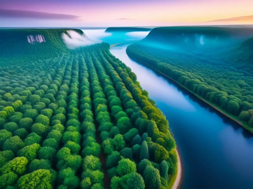 Exuberante paisaje natural: bosques verdes y río cristalino al atardecer Terrenos sin desarrollo rentabilidad comparativa: Bosques verdes, río cristalino, sol dorado