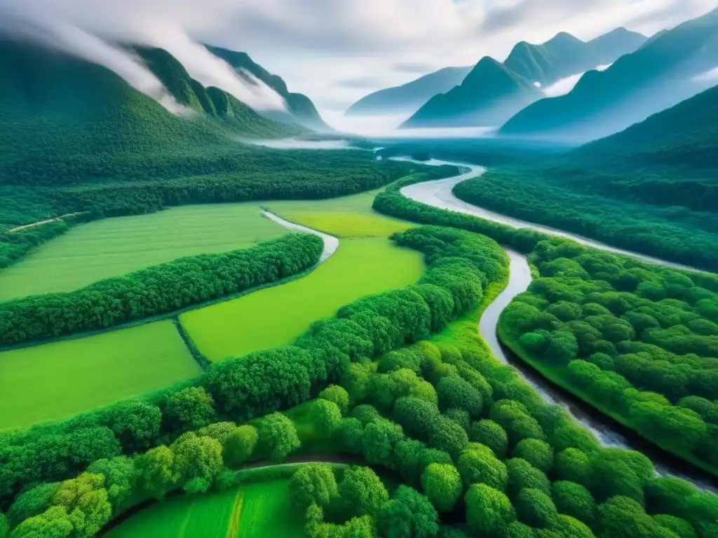 Increíble vista aérea de tierras vírgenes con potencial de inversión Terrenos sin desarrollo rentabilidad comparativa: Vista aérea impresionante de tierras vírgenes, bosques verdes y montañas nevadas al fondo