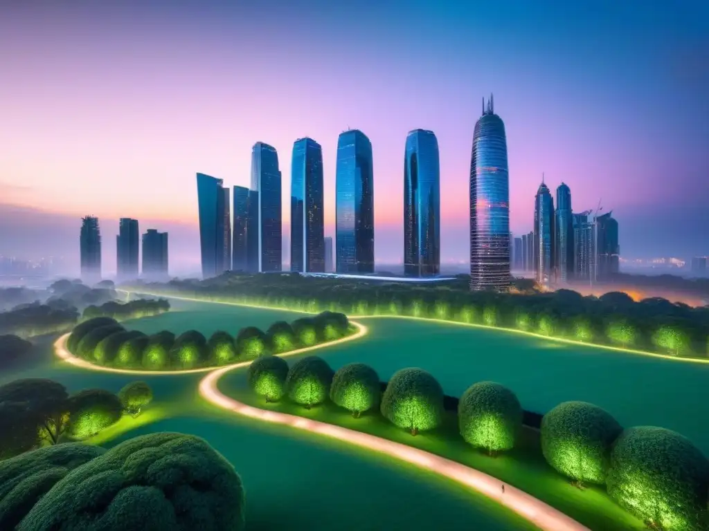Horizonte urbano futurista: inversión inmobiliaria verde y prometedora Invertir terrenos sin desarrollar internacional: Ciudad futurista al anochecer, con rascacielos modernos y un parque verde