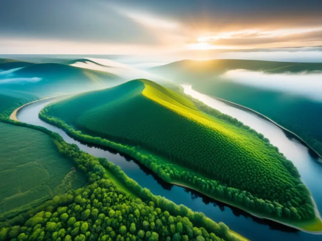 Tierras vírgenes: belleza natural y potencial de inversión Terrenos sin desarrollar valorización internacional: Imponente vista aérea de tierras vírgenes, bosques y río