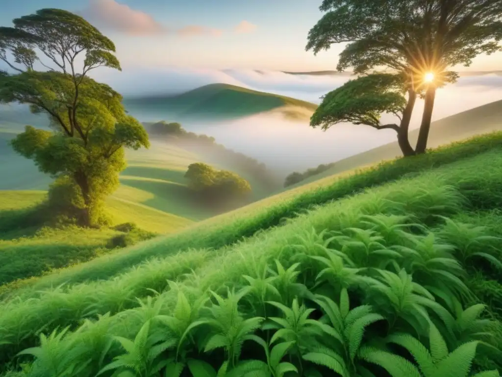 Explora la belleza natural en 8k Inversión en terrenos sin desarrollar internacional: un paisaje virgen de colinas y vegetación exuberante bajo una fina niebla, detallado en 8k