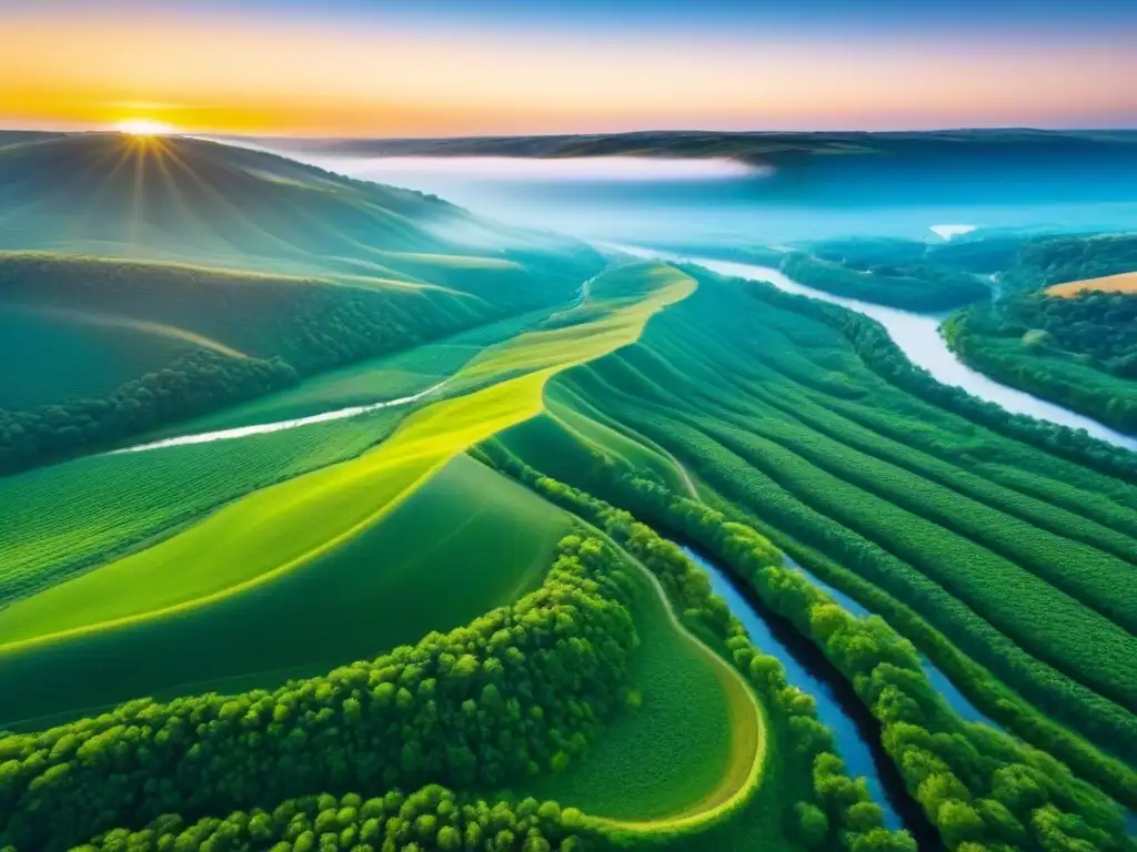 Espectacular vista aérea de paisaje virgen y potencial de inversión Inversión en terrenos sin desarrollar internacional: paisaje de colinas verdes, bosques y arroyo al atardecer
