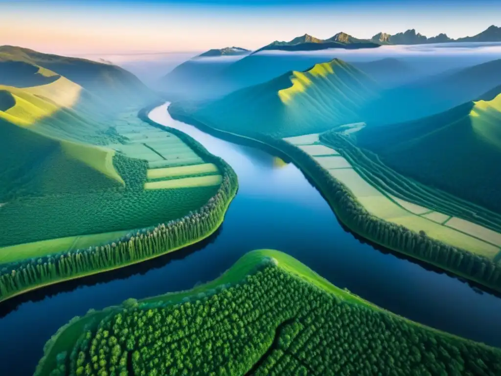 Tierras vírgenes: belleza natural sin límites Invertir terrenos sin desarrollar internacional: un paisaje virgen de colinas verdes, río sereno y montañas nevadas