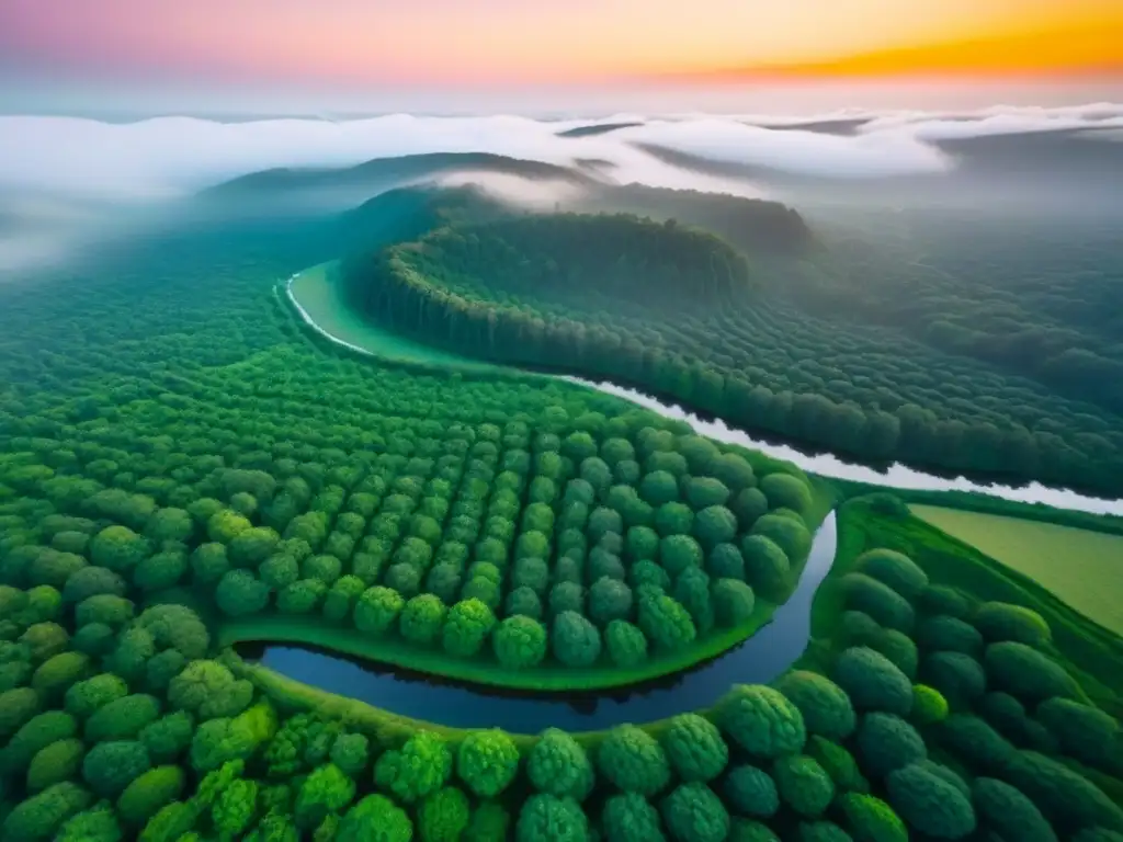 Inversión en tierras vírgenes: belleza natural sin límites Terrenos sin desarrollar valorización internacional: Paisaje sereno con ríos, bosques y montañas al atardecer