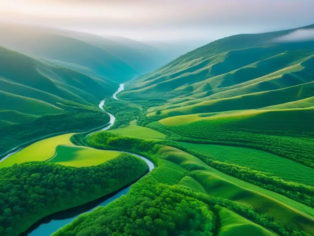Oportunidades de inversión en tierras vírgenes: belleza natural sin límites Invertir en terrenos sin desarrollar internacional: vista aérea de colinas verdes con río serpenteante