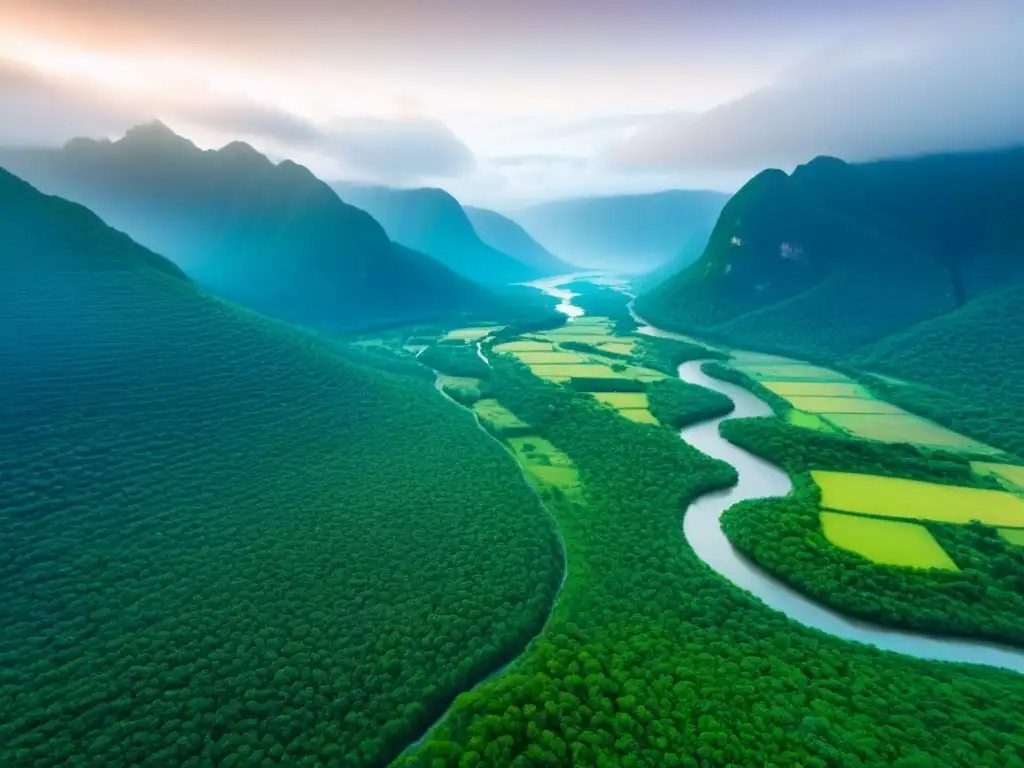 Inversión en tierras vírgenes: belleza natural y potencial Invertir en terrenos sin desarrollar internacional: Vista aérea de tierras vírgenes, río azul serpenteante y montañas al fondo