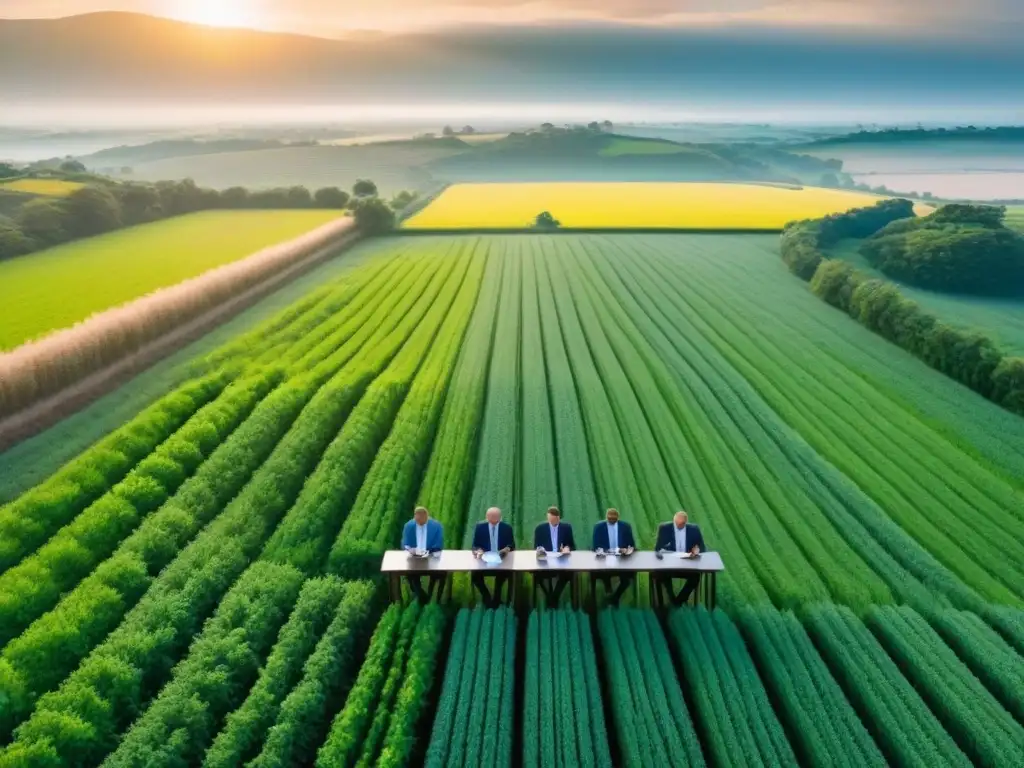 Inversores internacionales en campos verdes al atardecer Inversión en terrenos sin desarrollar internacionales: Inversionistas discuten estrategias en campo verde al atardecer