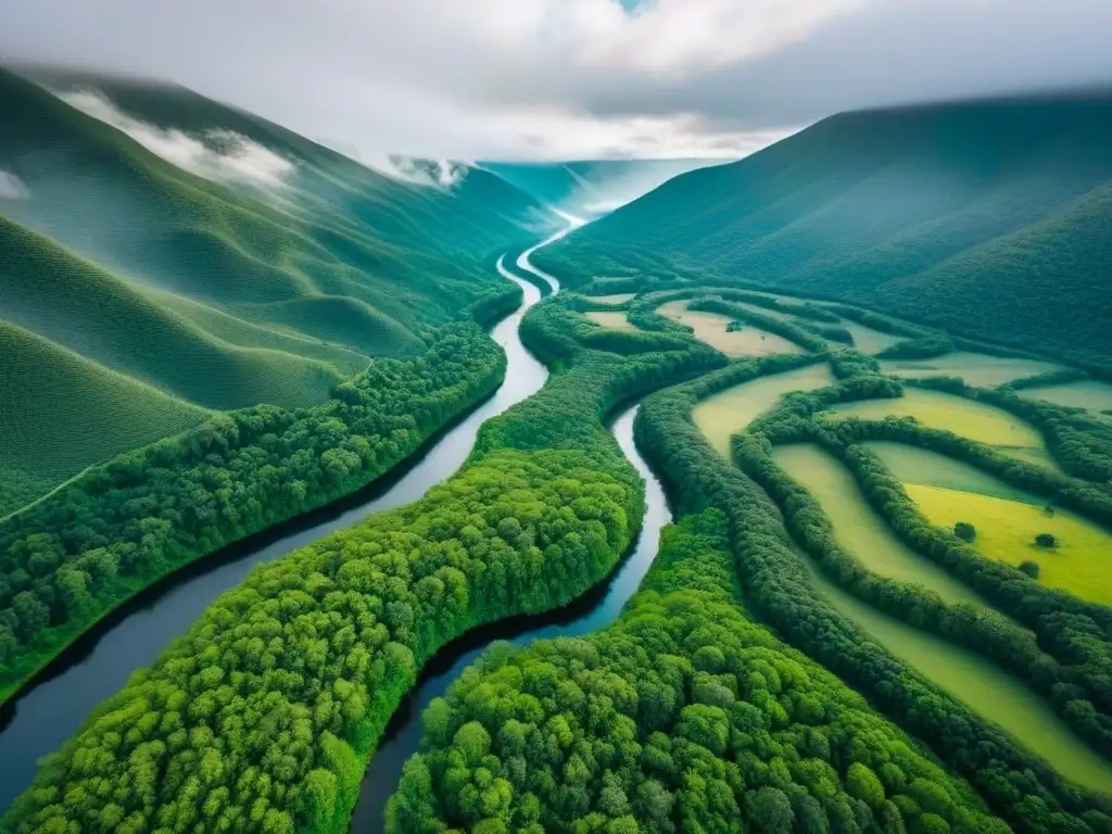 Oportunidades de inversión en paisajes naturales vírgenes Inversión en terrenos sin desarrollar internacionales: paisaje virgen de colinas, bosques verdes y río sereno, brilla la oportunidad en la naturaleza