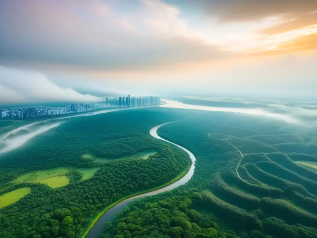 Paisaje natural vs Inversión en terrenos sin desarrollar internacionales: vista aérea de naturaleza virgen y potencial urbano