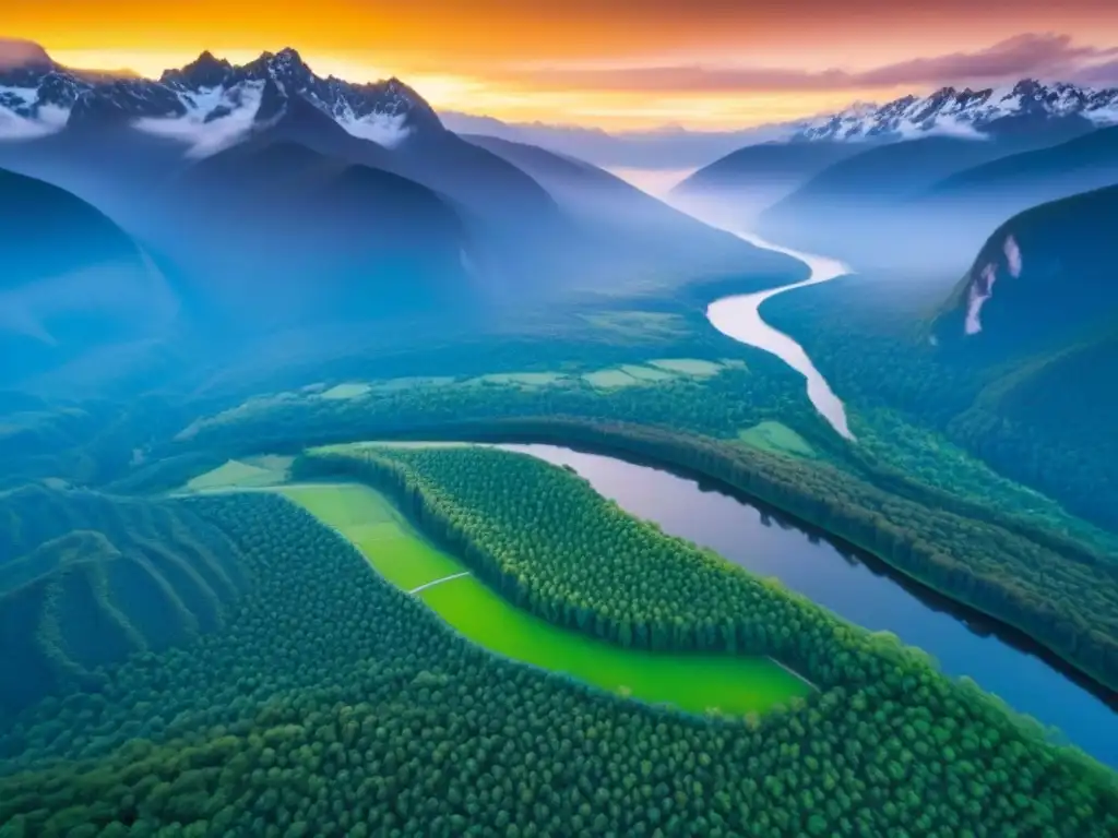 Inversión en tierras vírgenes: belleza natural sin límites Inversión en terrenos sin desarrollar: paisaje virgen con bosques verdes, ríos sinuosos y montañas nevadas al atardecer