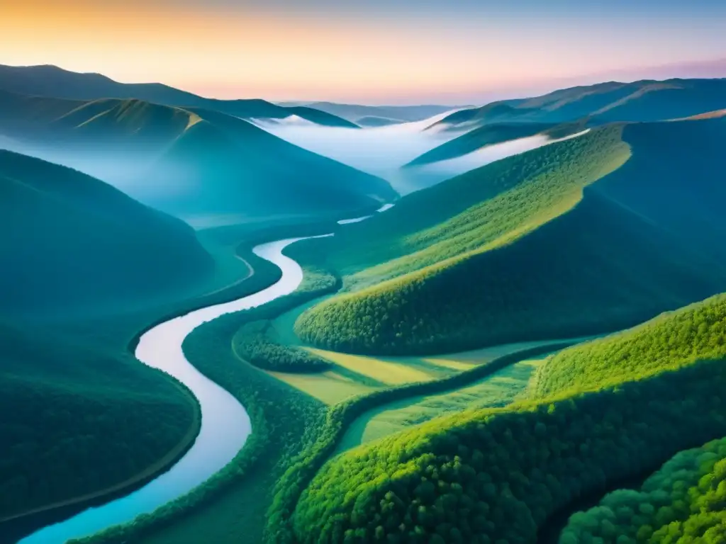 Paisaje virgen: colinas, bosques y río en la cálida luz del atardecer Inversión en terrenos sin desarrollar: Paisaje vasto, ríos cristalinos y bosques, bañados por la cálida luz del atardecer