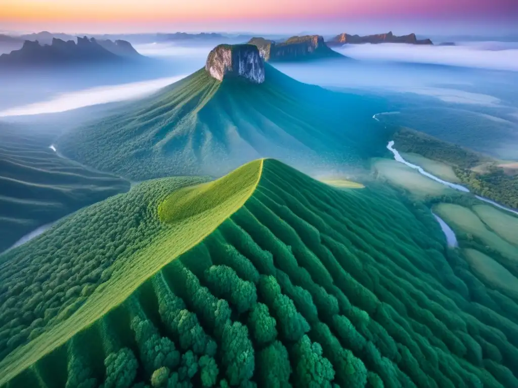 Increíble vista aérea de tierras vírgenes al atardecer Invertir en terrenos sin desarrollar: un paisaje virgen bañado por la luz dorada del atardecer, con montañas, ríos y vegetación exuberante